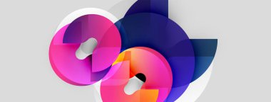 Üst üste binen renkli daireler, gradyanlar, şekiller içeren soyut bir kompozisyon. Modern tasarım, canlı renkler, dinamik etkileşim.