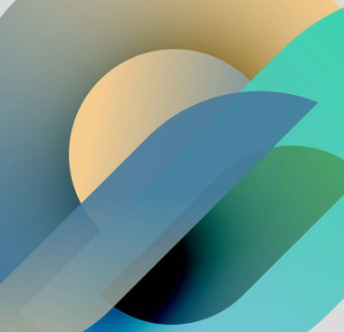 Soyut kompozisyon. Üst üste binen şekiller yumuşak eğimler oluşturur. Mavi, yeşil ve sarılar harmanlanır. Minimalist tasarım, sakin ve modern estetiği çağrıştırıyor.