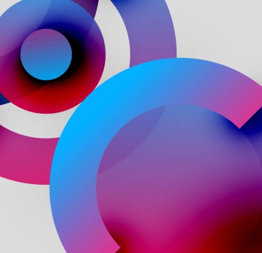 Soyut çemberler çakışıyor, canlı gradyanlar yaratıyor. Renkler mavi, morlar, kırmızı beyaz arka plan. Modern tasarım, basit şekiller..