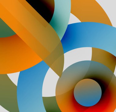 Soyut kompozisyon. Üst üste binen daireler dinamik görsel efekt yaratır. Sıcak, serin renkler karışıyor, karmaşık desenler oluşturuyor. Minimalist tasarım.