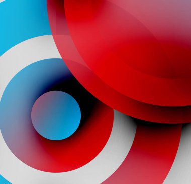 Üst üste binen daireler içeren soyut kompozisyon. Kırmızı, beyaz, mavi renkler tasarımda baskın. Minimalist estetik, dinamik görsel etki.