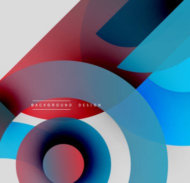 Soyut kompozisyon. Üst üste binen daireler, dikdörtgenler dinamik görsel efekt yaratır. Kırmızı, mavi, siyah baskın renk şeması. Modern tasarım.