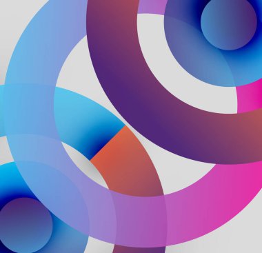 Üst üste binen daireler içeren soyut kompozisyon. Canlı renkler harmanlanır, dinamik görsel deneyim yaratır. Modern tasarım, pürüzsüz eğimler.