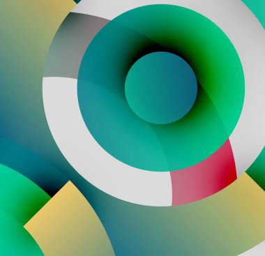 Katmanlı daireler ve gradyanlardan oluşan soyut bileşim. Teal, sarı, beyaz, kırmızı renkler dinamik görsel efekt yaratır. Modern tasarım.