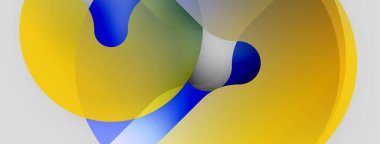 Üst üste binen renkli şekiller içeren soyut bir kompozisyon. Sarı, mavi, yeşil renkler harmanlanarak dinamik görsel efekt yaratır. Yumuşak gradyanlar baskın gelir.