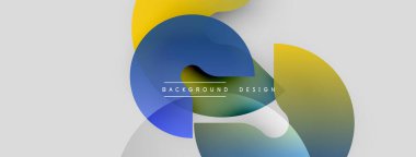 Soyut şekiller örtüşüyor, canlı renk değişimleri yaratıyor. Modern tasarım elementleri dinamik bileşim öneriyor. Açık gri arkaplan karşıtlık sağlar.