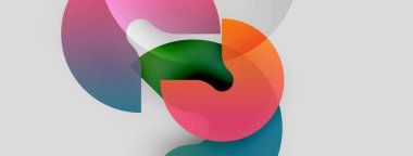 Soyut renkli şekiller örtüşür, dinamik bileşim yaratır. Yumuşak eğimler hareketi, ışık etkileşimini önerir. Minimalist tasarım.