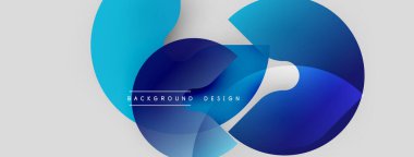 Soyut mavi şekiller üst üste binerek dinamik bileşim oluşturuyor. Açık gri arkaplan karşıtlık sağlar. Modern tasarım ögesi.