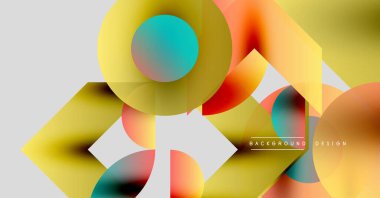 Soyut geometrik şekiller örtüşür, renkli arkaplan oluşturur. Sarı, turuncu, turkuaz baskın tasarım. Modern estetik.