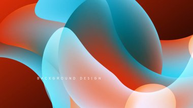 Soyut sıvı şekilleri örtüşür ve canlı renk değişimleri yaratır. Mavi, turuncu renkler koyu arkaplana hakim. Modern tasarım ögesi.