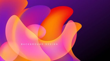 Soyut sıvı şekilleri örtüşür, canlı gradyanlar yaratır. Renkler turuncu, pembe, mor ve koyu arkaplan arasında değişir. Modern tasarım ögesi.