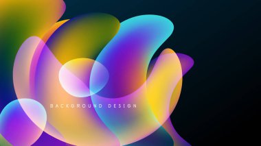 Soyut renkli şekiller örtüşüyor, canlı gradyanlar yaratıyor. Koyu arkaplan aydınlığı vurguluyor, modern tasarım estetiği.