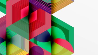 Soyut geometrik bileşim. Canlı renkler kesişiyor, altıgen desenler oluşturuyor. Çizgiler derinlik, doku ve görsel ilgi yaratır..