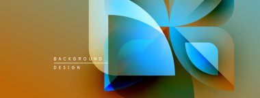 Soyut geometrik şekiller örtüşüyor, canlı renk eğimleri yaratıyor. Tasarım sıcak, serin tonlar, modern estetik.