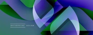 Soyut geometrik şekiller örtüşür, parlak mavi, yeşil eğimler yaratır. Modern tasarım elementleri dinamik hareket, derinlik.