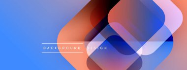 Soyut geometrik şekiller örtüşüyor, canlı renk eğimleri yaratıyor. Mavi arka planda baskın, turuncu, mor aksanlar mevcut. Modern tasarım ögesi.
