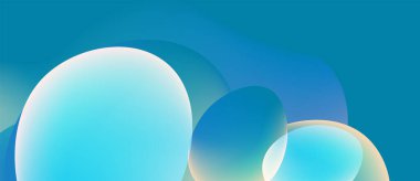 Soyut mavi şekiller çakışıyor, yumuşak gradyanlar yaratıyor. Minimalist tasarım, sakin ve akıcı bir hareketi çağrıştırıyor. Arkaplan koyu mavi.