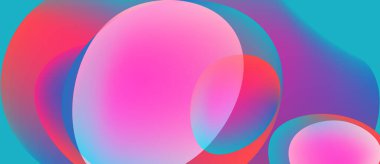 Soyut renkli çemberler örtüşüyor ve canlı gradyanlar yaratıyor. Pembe, mavi, kırmızı renkler arasındaki pürüzsüz geçişler kompozisyona hakim..