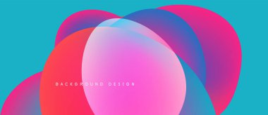 Canlı örtüşen daireler soyut tasarım yaratır. Renkler harmanlanmış pembe, mavi, mor turkuaz fon. Modern, akışkan estetik.