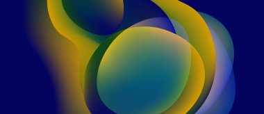 Soyut sıvı şekiller harmanlanarak canlı renk değişimleri yaratır. Mavi, sarı, yeşil renkler kompozisyona hakim. Yumuşak geçişler biçimleri tanımlar.