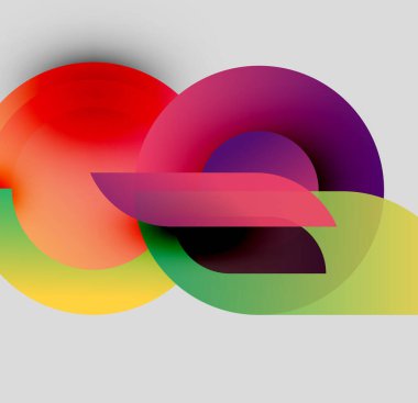 Soyut renkli çakışan daireler dinamik bileşim oluşturur. Gradyanlar kırmızı, mor, yeşil, sarı renkler arasında kayar. Modern tasarım.