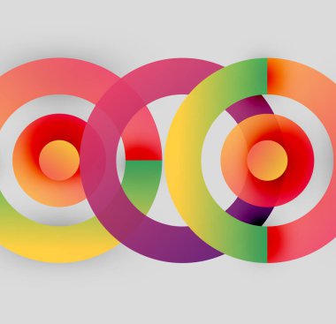 Renkli üst üste binen daireler soyut tasarım yaratır. Gradyan gölgeler harmanlanır, canlı görsel kompozisyon oluşturur. Modern, eğlenceli estetik..
