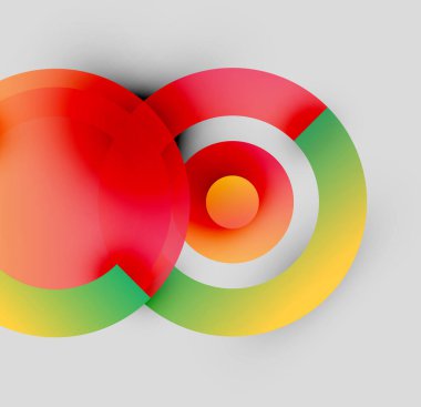 Soyut renkli daireler çakışıyor, dinamik görsel efekt yaratıyor. Renkli gölgeler kırmızı, yeşil, sarı, beyaz karışımı. Modern tasarım.