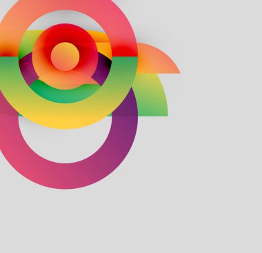 Soyut renkli şekiller örtüşüyor, dinamik dairesel tasarım yaratıyor. Gradyan renkler harmanlanarak modern görsel kompozisyon oluşturur.