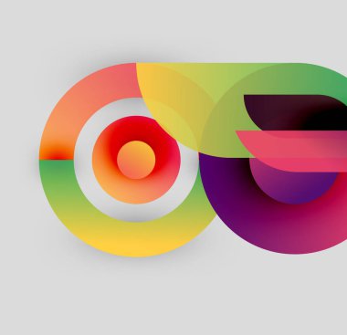 Soyut renkli tasarım. Üst üste binen daireler, dinamik görsel etki yaratır. Gradyan renkler kusursuz bir şekilde harmanlanarak modern sanat eserleri oluşturur..