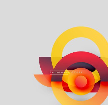 Soyut tasarım özellikleri üst üste binen daireler, canlı renkler. Gradyan gölgeler dinamik görsel efekt yaratır. Modern estetik.