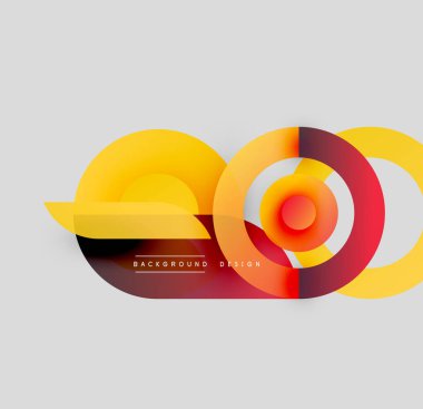 Soyut renkli çakışan daireler dinamik bileşim oluşturur. Değişken tonlara sahip modern tasarım ögeleri, basit metin.