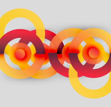 Üst üste binen daireler içeren soyut kompozisyon. Sıcak renkler baskın gelir, dinamik görsel efekt yaratır. Modern tasarım, basit şekiller..