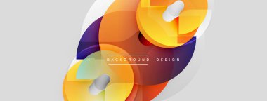 Soyut şekiller örtüşüyor, canlı turuncu, mor, sarı katmanlar oluşturuyor. Yumuşak eğimli modern tasarım, açık gölgeler. Minimalist estetik.