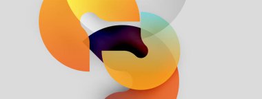 Üst üste binen renkli şekiller içeren soyut bir kompozisyon. Sıcak tonlar baskın, dinamik görsel ilgi yaratıyor. Yumuşak eğimler derinliği gösterir.