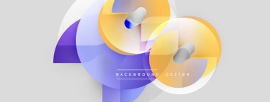 Soyut geometrik şekiller çakışıyor. Yumuşak eğimler modern görsel efekt yaratır. Açık, mor, sarı renkler kompozisyona hakim..