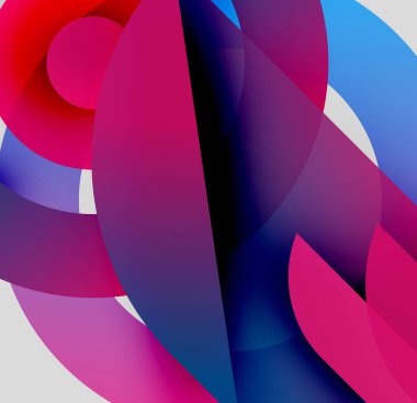 Soyut şekiller örtüşüyor, canlı renk değişimleri yaratıyor. Pembe, mor, mavi baskın kompozisyon. Modern tasarım elemanları.