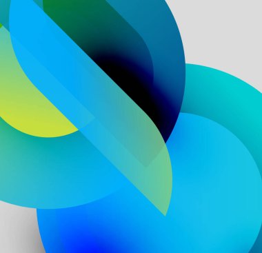 Soyut sıvı şekilleri kesişir. Canlı maviler, yeşiller, sarılar dinamik kompozisyon oluşturur. Yumuşak eğimler hareket, derinlik önerir.