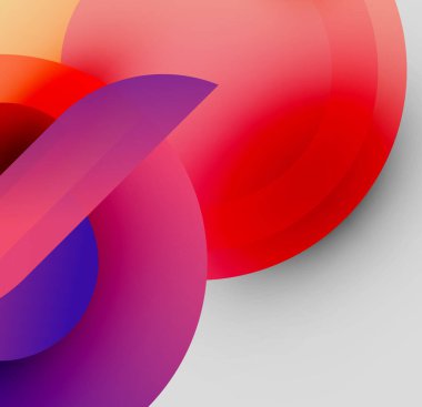 Soyut renkli çakışan daireler. Sarı, turuncu, kırmızı, mor tonlarında geçiş. Minimalist tasarım, düz kıvrımlar, modern estetik.