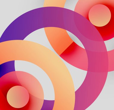 Soyut kompozisyon. Üst üste binen renkli çemberler dinamik görsel efekt yaratır. Yumuşak eğimler, modern tasarım.