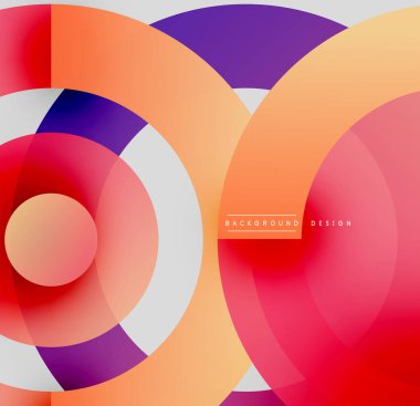 Soyut çemberler çakışıyor, canlı gradyanlar yaratıyor. Turuncu, mor, kırmızı renkler tasarımda baskın. Modern estetik.