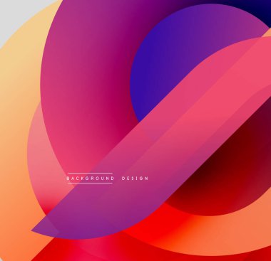 Soyut renkli şekiller örtüşür ve canlı gradyanlar yaratır. Eflatun, turuncu ve mor renkler arasındaki pürüzsüz geçişler kompozisyona hakim..