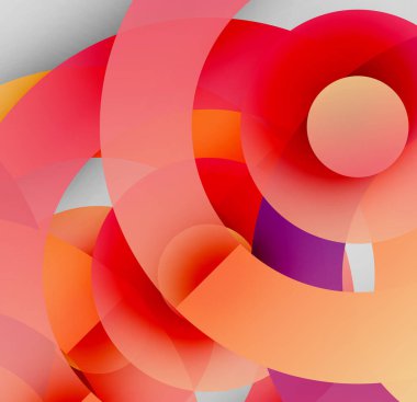 Soyut kompozisyon. Üst üste binen daireler dinamik ve renkli desenler oluşturur. Sıcak tonlarda baskın gelir. Mor, beyaz ipuçlarıyla. Modern tasarım.