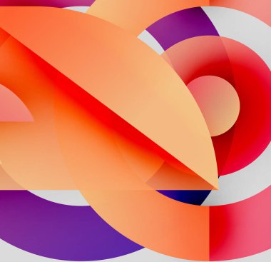 Soyut kompozisyon. Üst üste binen şekiller, canlı renkler, pürüzsüz eğimler dinamik görsel deneyimler yaratır. Modern tasarım.