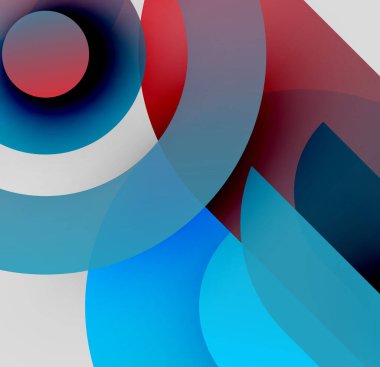 Üst üste binen daireler, kıvrımlar içeren soyut bir kompozisyon. Gölgeler kırmızı, mavi, beyaz, siyah dinamik görsel efekt oluşturur.