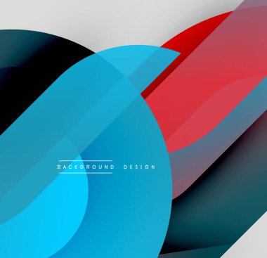 Soyut geometrik şekiller çakışıyor. Mavi, kırmızı, siyah renkler modern tasarım yaratır. Minimalist estetik, temiz çizgiler, dinamik kompozisyon.