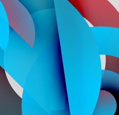 Soyut şekiller örtüşür, parlak mavi, kırmızı, beyaz renkler yaratır. Yumuşak kıvrımlar kompozisyona hakim. Modern tasarım elemanları.