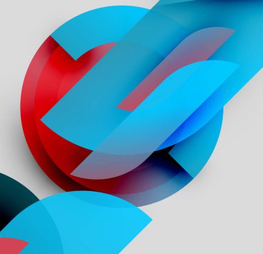 Soyut kompozisyon. Üst üste binen şekiller, canlı maviler, kırmızılar dinamik görsel efektler yaratır. Modern tasarım, temiz çizgiler.