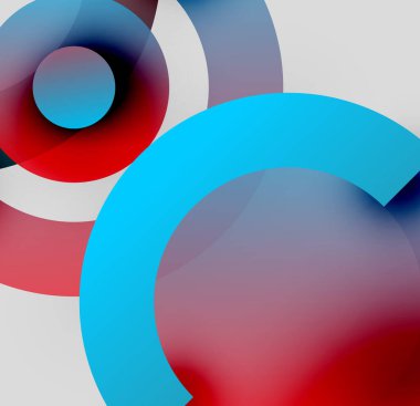Üst üste binen daireler içeren soyut kompozisyon. Kırmızı, mavi, beyaz renkler dinamik görsel efekt yaratır. Minimalist tasarım, modern estetik.