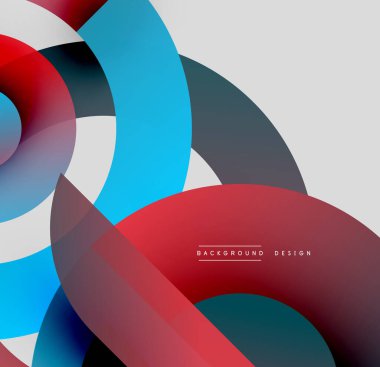Soyut daireler çakışıyor, dinamik görsel etki yaratıyor. Kırmızı, mavi, gri tonlar kompozisyona hakim. Modern tasarım ögesi.