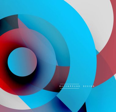 Soyut daireler örtüşüyor, parlak mavi ve kırmızı renkler yaratıyor. Modern tasarım pürüzsüz geçişler, geometrik şekiller içerir. Arkaplan dijital sanatı öneriyor.